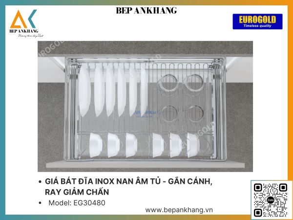 Giá bát đĩa inox nan âm tủ - gắn cánh, Ray giảm chấn Eurogold EG34080 - 800mm - Inox mờ 304